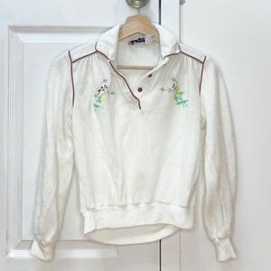Women’s Vintage Embroidered Floral 70’s Style Wye Oaks Collar Polo Sweater - S